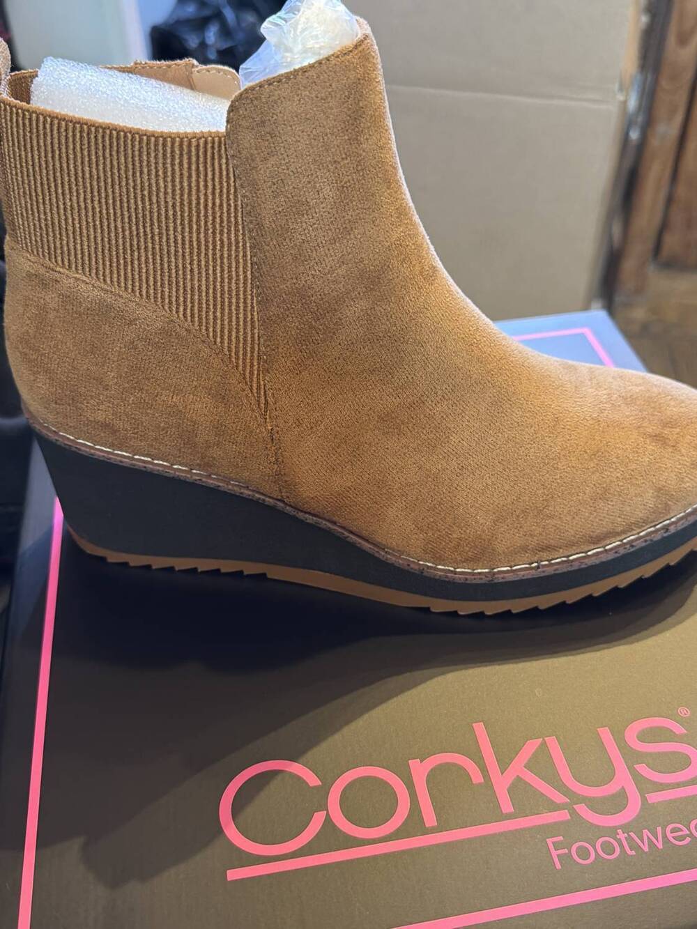 NEW CORKYS FOOTWEAR women's apple sauced booties in tobacco suede